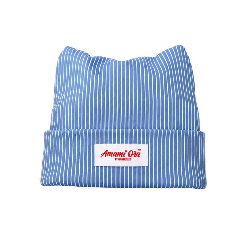 Amami Ora™ Dress Shirt Beanie – Blue Pinstripe
